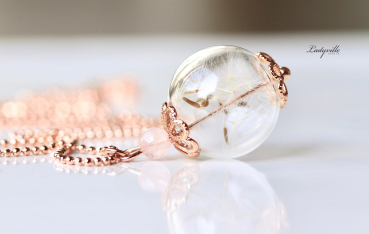 Roségoldfarbene Kugel Kette - Pusteblume in Glaskugel mit Rosenquarz / Geschenk für Sie / wünsch dir was / Glück Kette / beste Freundin